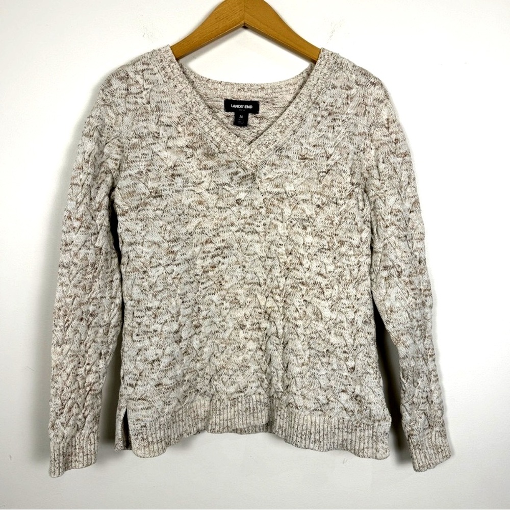 Lands’ End Drifter Cable Knit Sweater M Cotton Fisherman Cream Blue Brown Marl